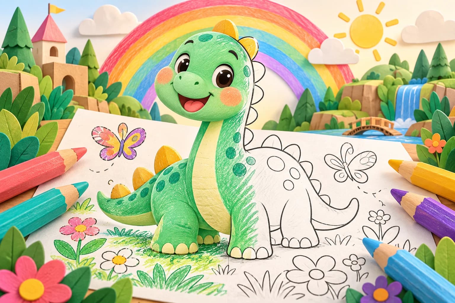 Dinossauro fofinho ganhando cor entre lápis coloridos e um arco-íris